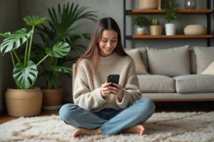 Jeune femme avec sweater dans un salon vert et plantes