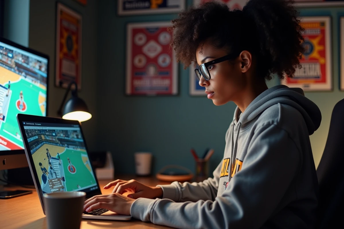 Femme suivant un match NBA en direct sur un site de streaming depuis son bureau à domicile