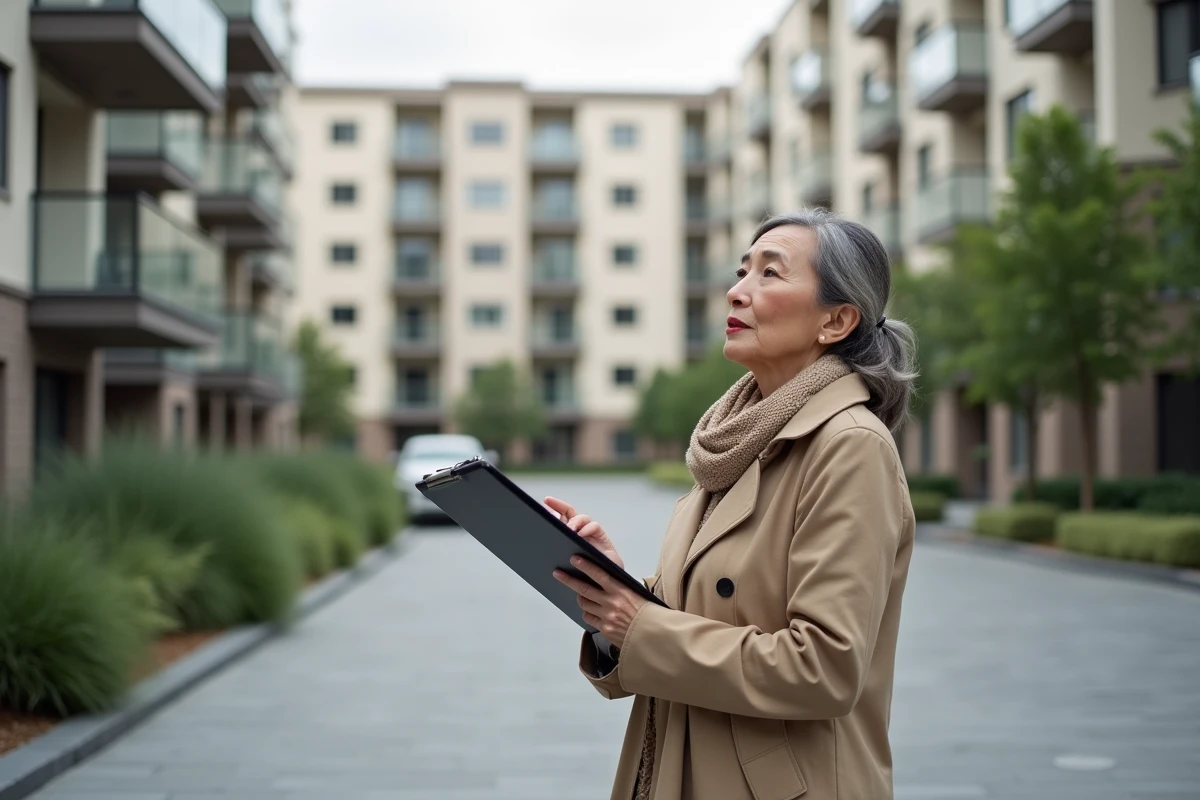 Femme surveillant un bâtiment résidentiel neuf