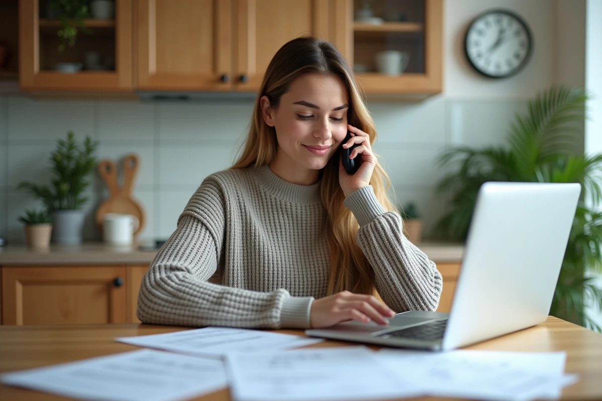 Jeune femme au téléphone dans sa cuisine avec documents