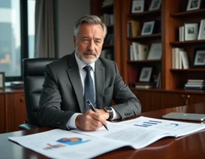 Homme d'affaires prospère dans un bureau moderne examinant des documents financiers et des graphiques de revenus