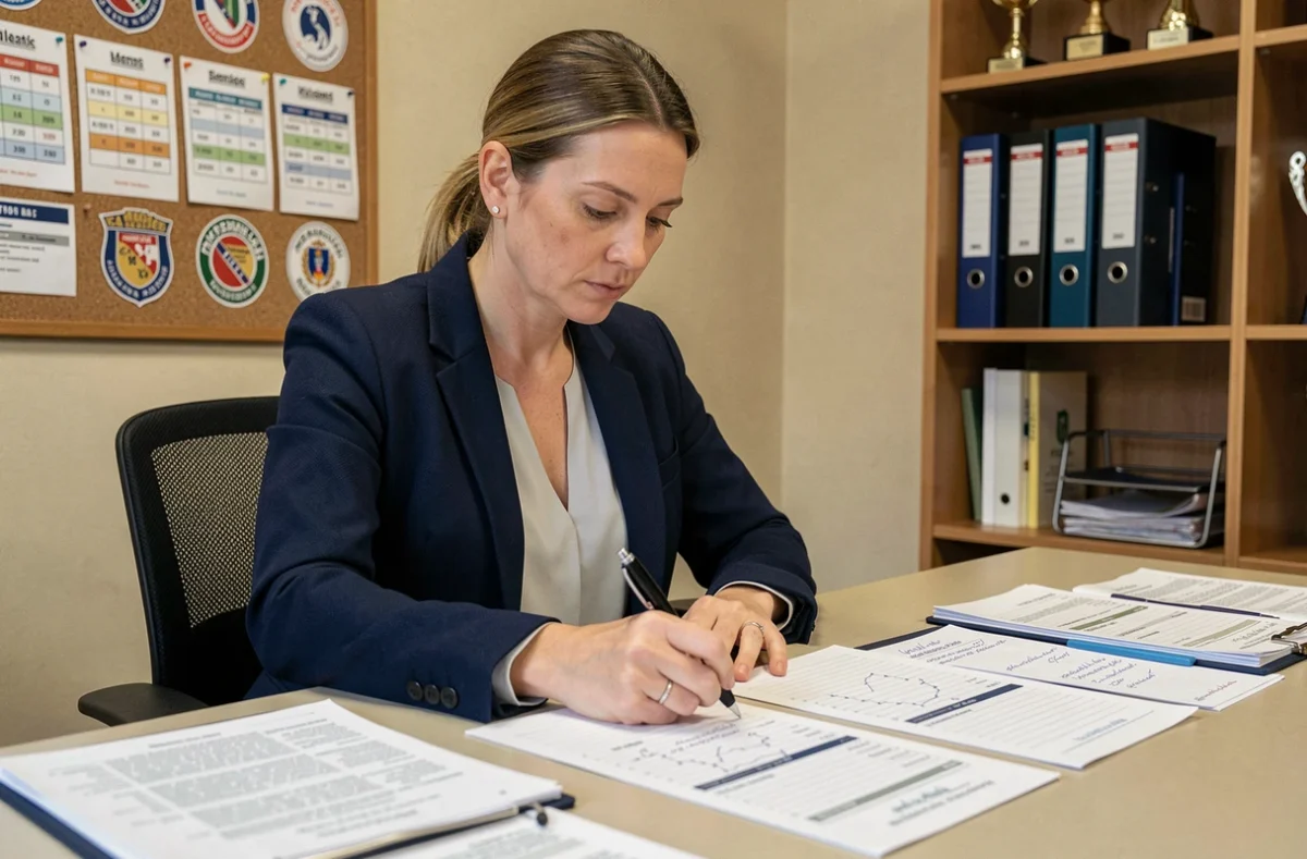 Gestionnaire de club de handball féminin analysant des documents comptables dans un bureau administratif sportif