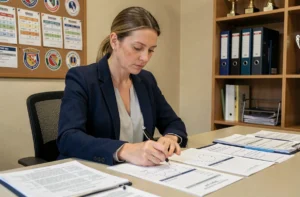 Gestionnaire de club de handball féminin analysant des documents comptables dans un bureau administratif sportif