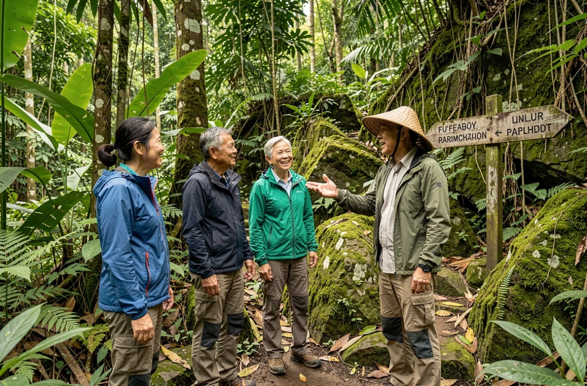 Groupe de voyageurs en excursion guidée dans une forêt tropicale en Asie du Sud-Est