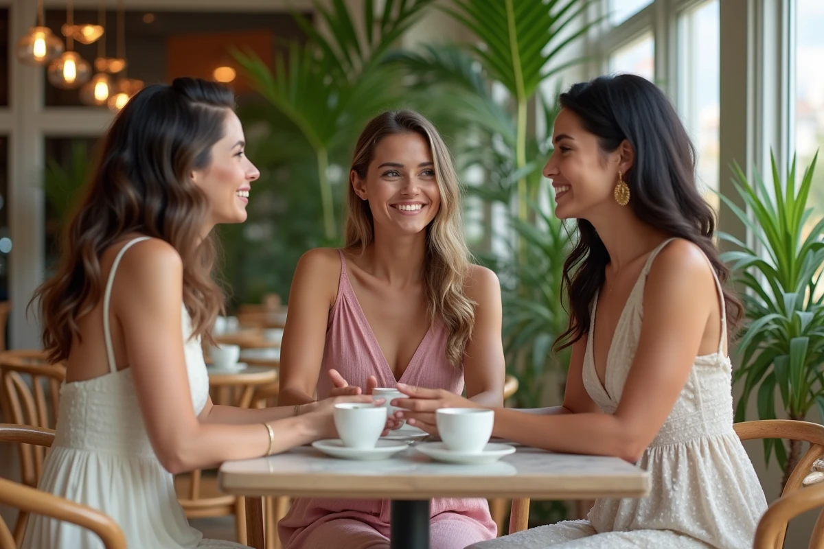 Trois femmes discutant dans un café chic avec robes tendance