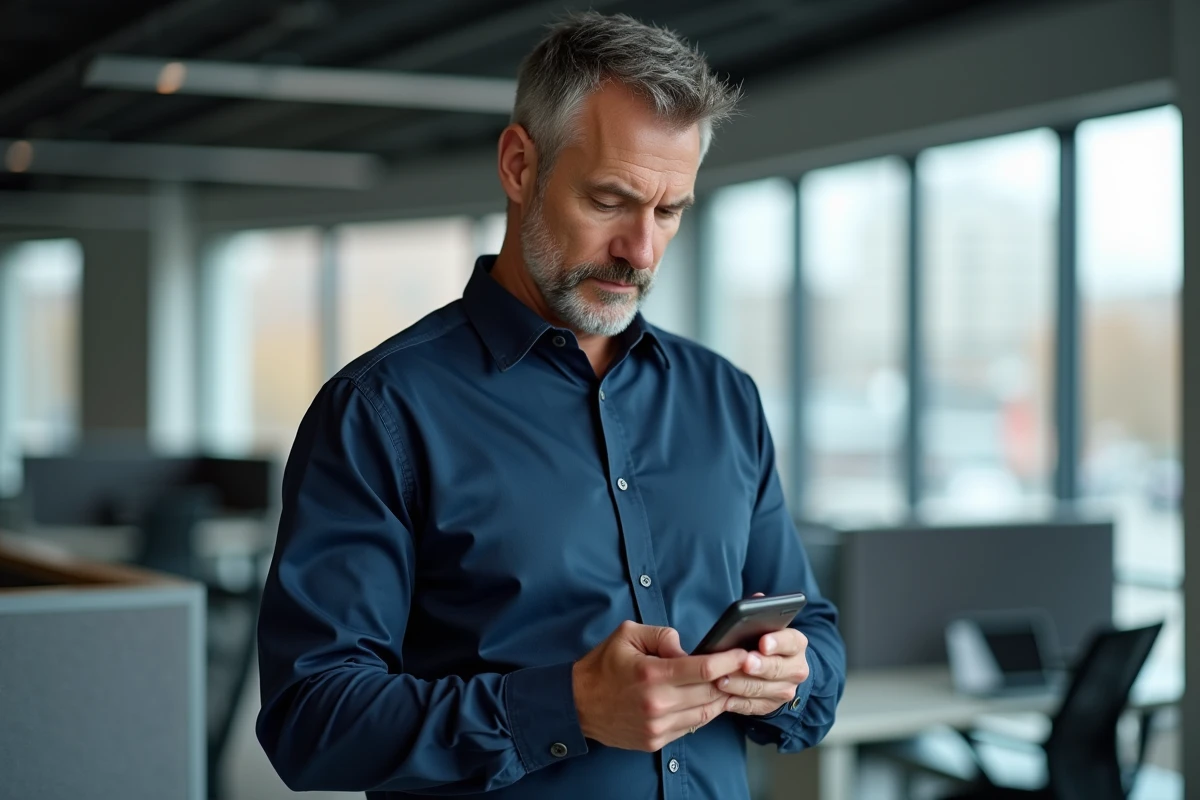 Homme en bureau moderne consultant un outil de recherche inversée par numéro de téléphone sur son smartphone