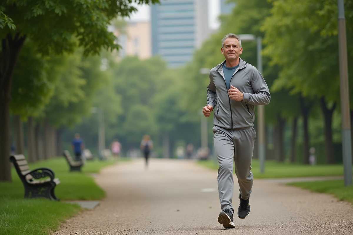 Homme courant dans un parc urbain verdoyant