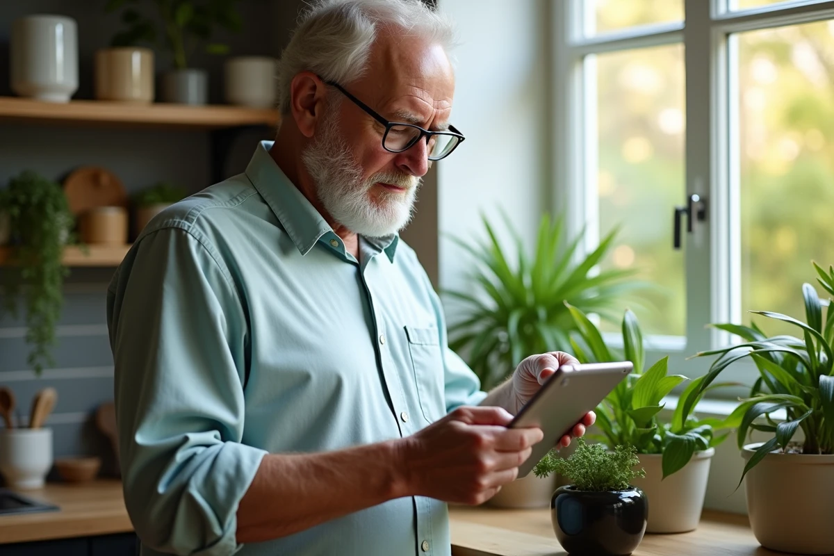 Homme âgé examine ses plantes dans la cuisine lumineuse