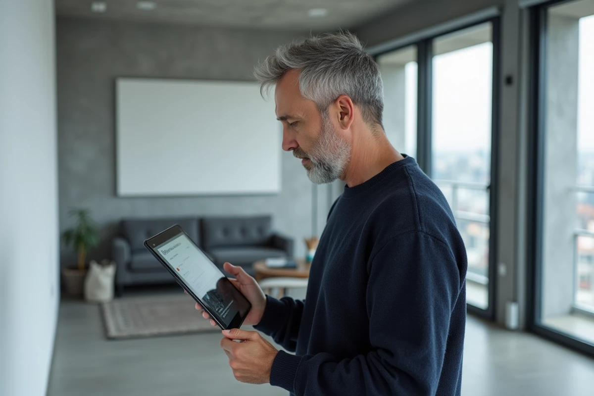 Homme tenant une tablette affichant une œuvre d'art contemporain dans un appartement moderne et minimaliste