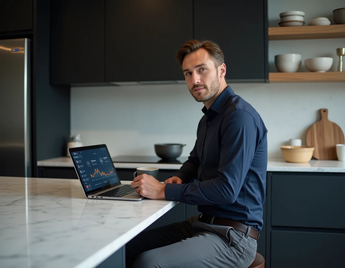 Homme consultant une interface domotique intégrée dans une cuisine moderne équipée de technologie haut de gamme