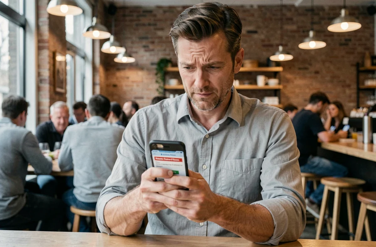Homme consultant un quiz de choix de parti politique sur smartphone dans un café urbain en 2026