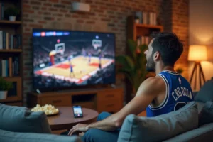 Jeune homme regardant un match NBA en streaming sur grand écran dans un salon moderne