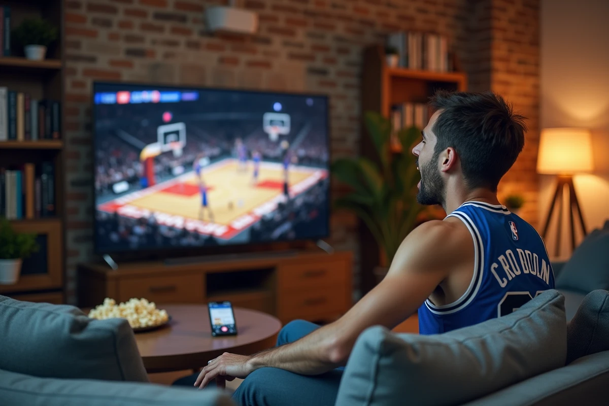 Jeune homme regardant un match NBA en streaming sur grand écran dans un salon moderne