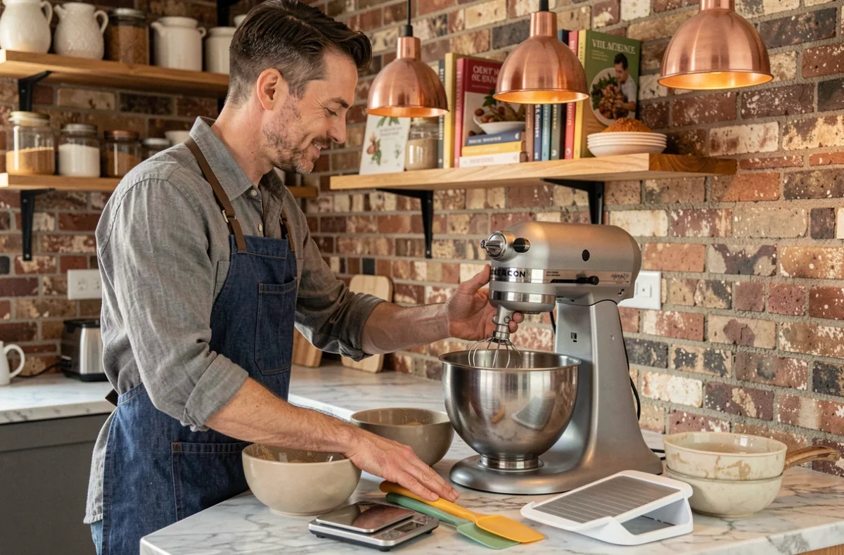 Homme en cuisine utilisant un robot pâtissier et des équipements culinaires essentiels sur un plan de travail en marbre