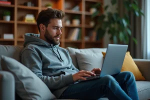 Jeune homme regardant un match sur son laptop dans un salon