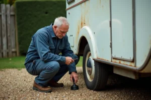 Mécanicien inspectant le châssis d'une caravane ancienne pour évaluer son état d'entretien