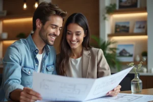 Jeune couple souriant examine plans immobiliers