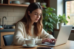 Jeune femme travaillant sur son ordinateur dans une cuisine chaleureuse
