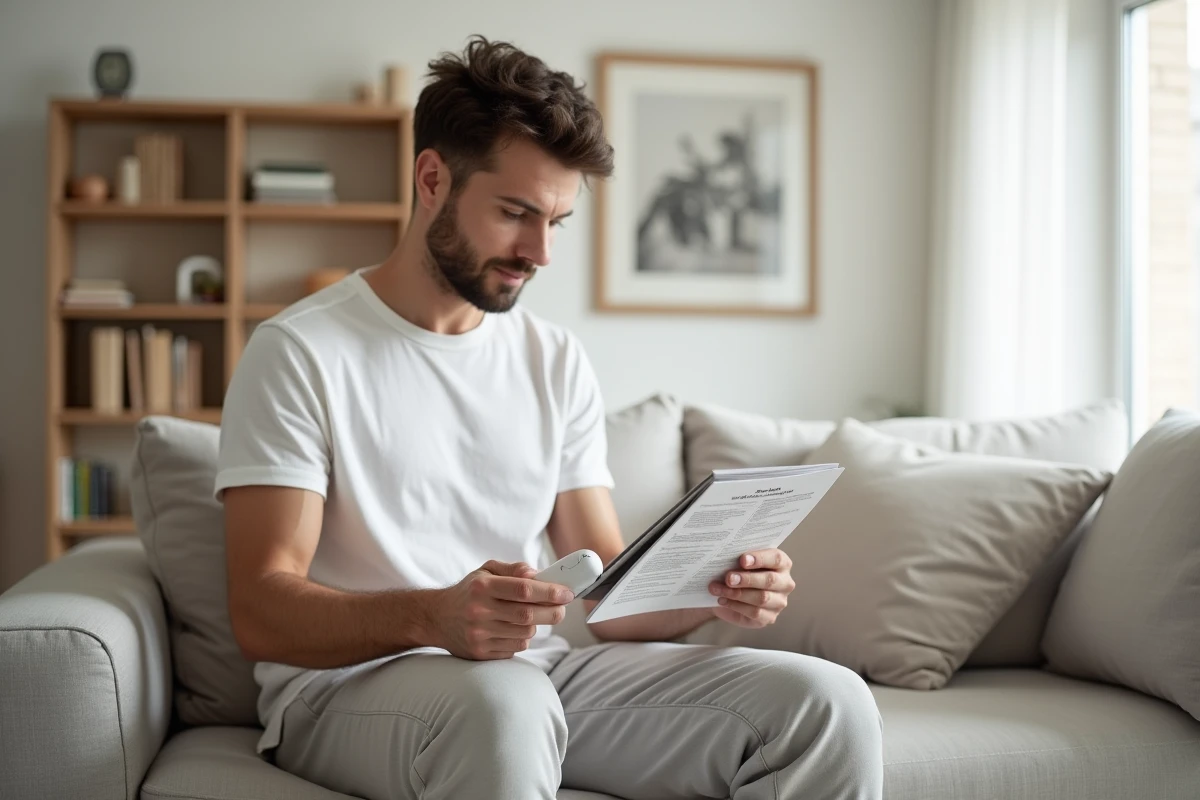 Homme lisant un mode d emploi avec epilateur lumière dans salon