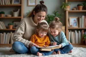 Maman avec ses enfants lisant un livre dans un salon chaleureux