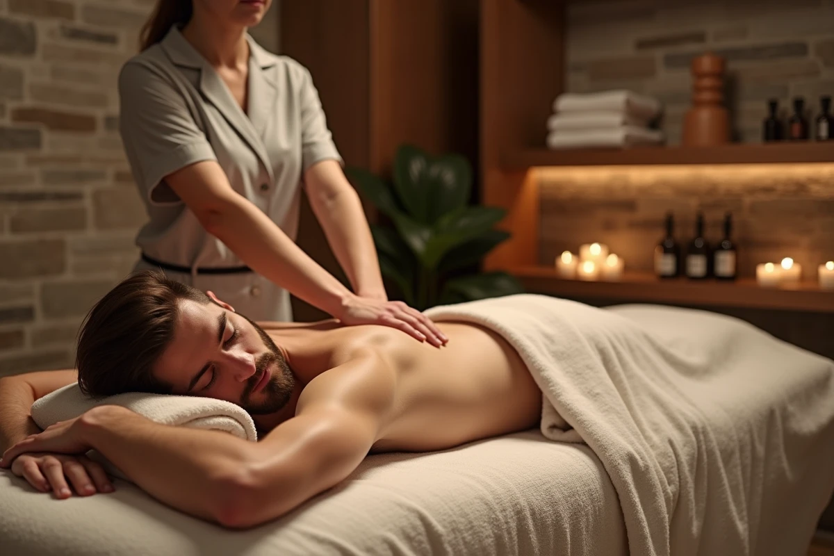 Jeune homme recevant un massage du dos dans un spa