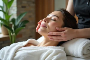 Femme détendue recevant un massage facial dans un spa