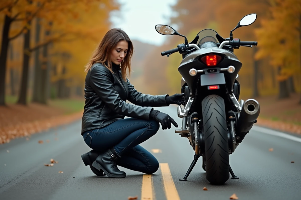Motarde examinant l'usure du pneu arrière de sa moto sur une route de campagne en automne