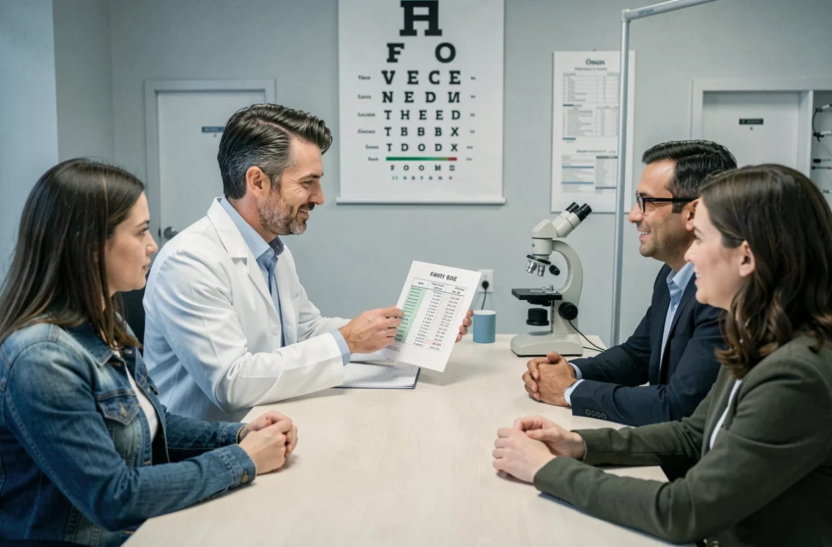 Opticien présentant une grille tarifaire Itelis à un couple lors d'une consultation optique