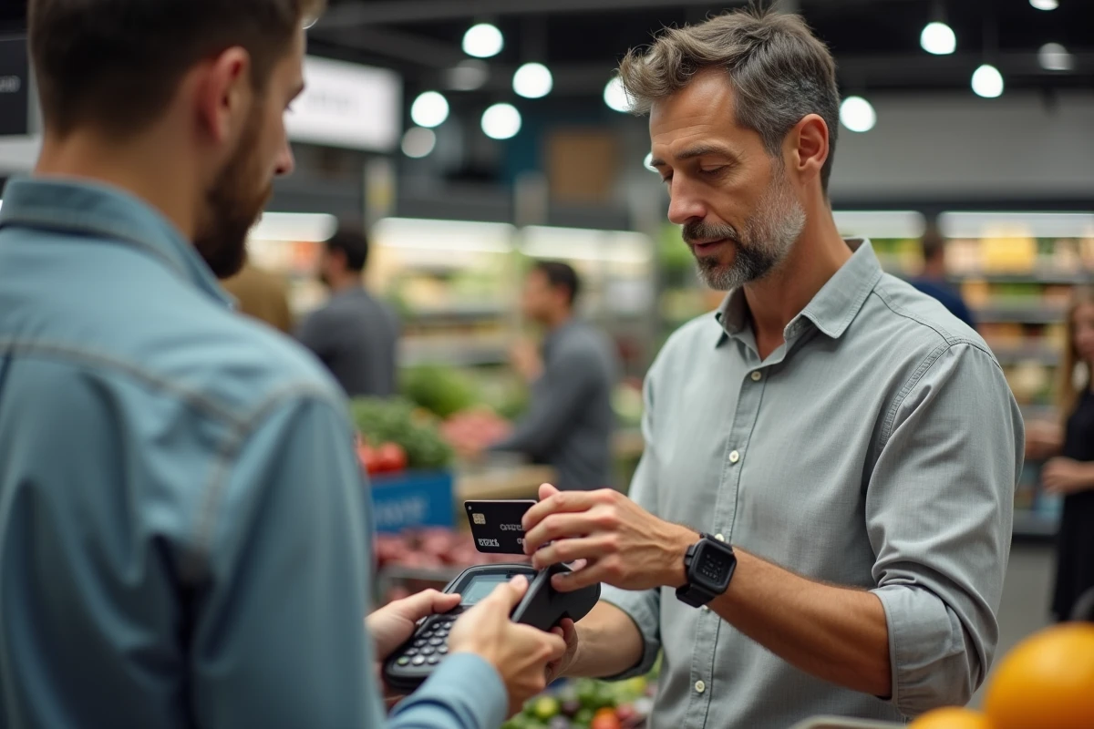Homme utilisant la carte MCD AS Dual Crédit Agricole pour un paiement sans contact en supermarché