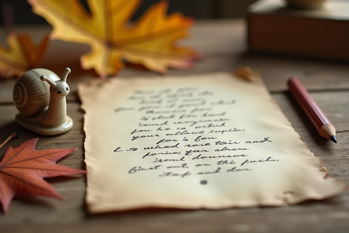 Paroles de chanson manuscrites avec une figurine d'escargot sur une table en bois rustique