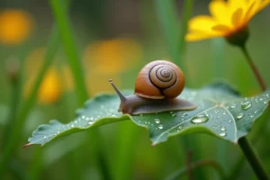 Escargot petit et coloré sur une feuille verte dans un jardin naturel