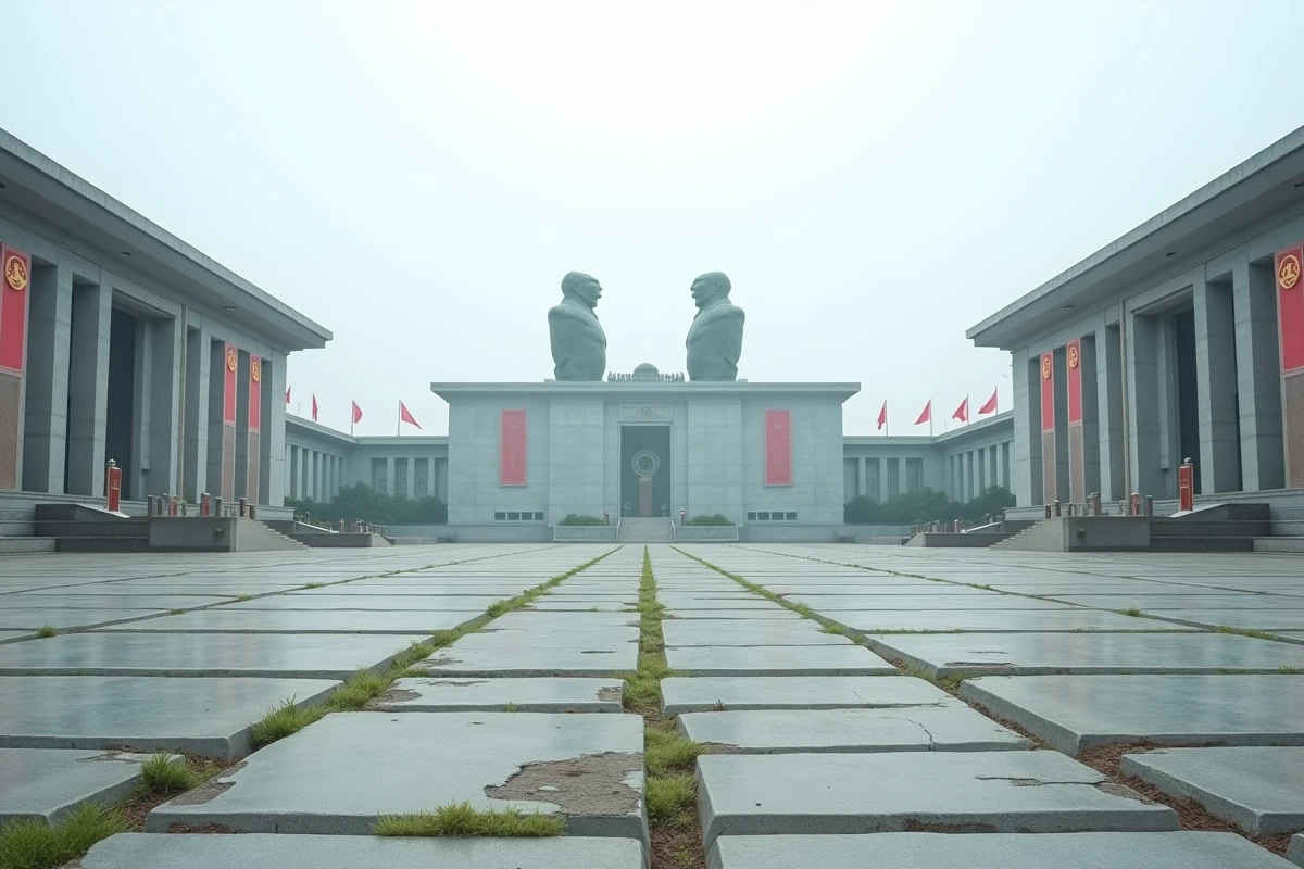 Une place monumentale vide avec des statues en bronze sur piédestaux et des bâtiments gouvernementaux austères aux bannières délavées, symbolisant l'architecture totalitaire nord-coréenne de Kim Il-sung