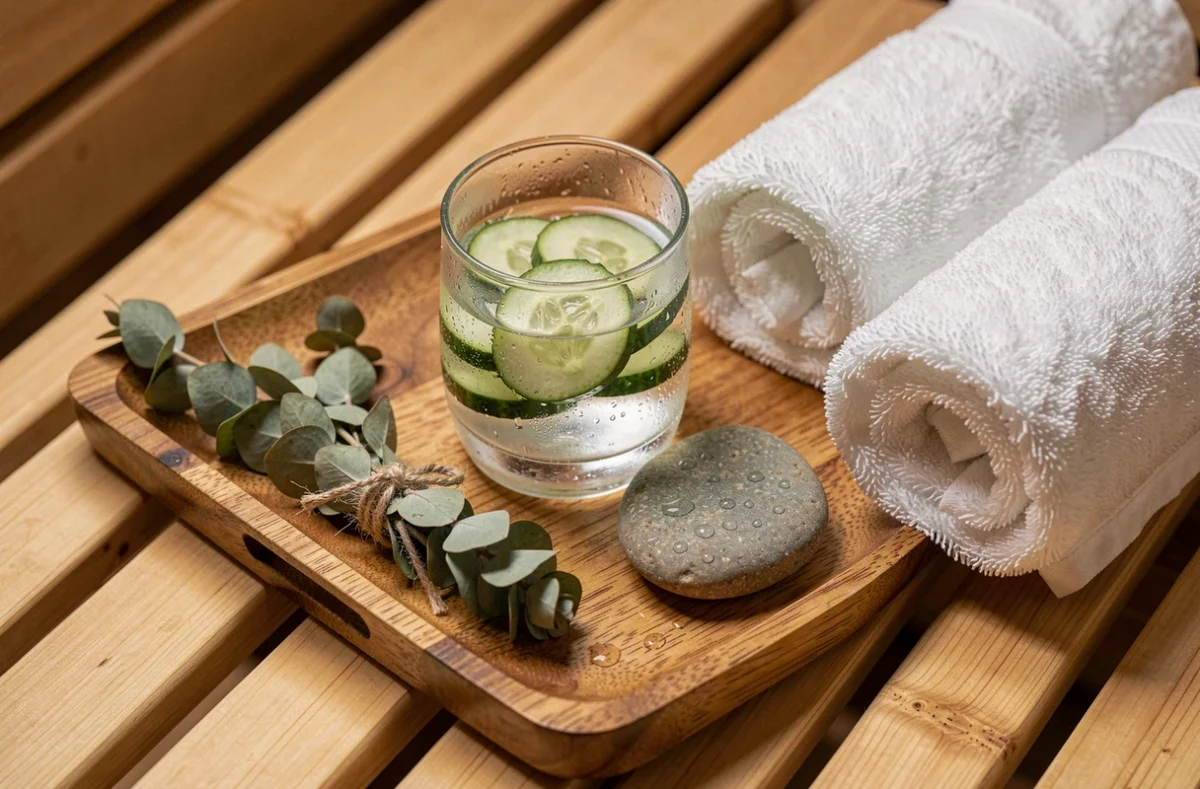 Plateau en bois avec verre d'eau infusée au concombre, eucalyptus séché et serviette en lin dans un centre de bien-être sauna haut de gamme