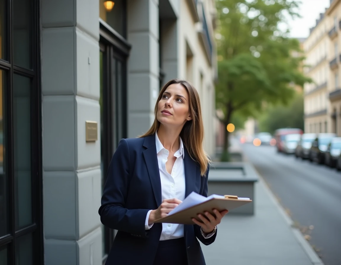 Propriétaire baileresse devant un immeuble locatif meublé en milieu urbain