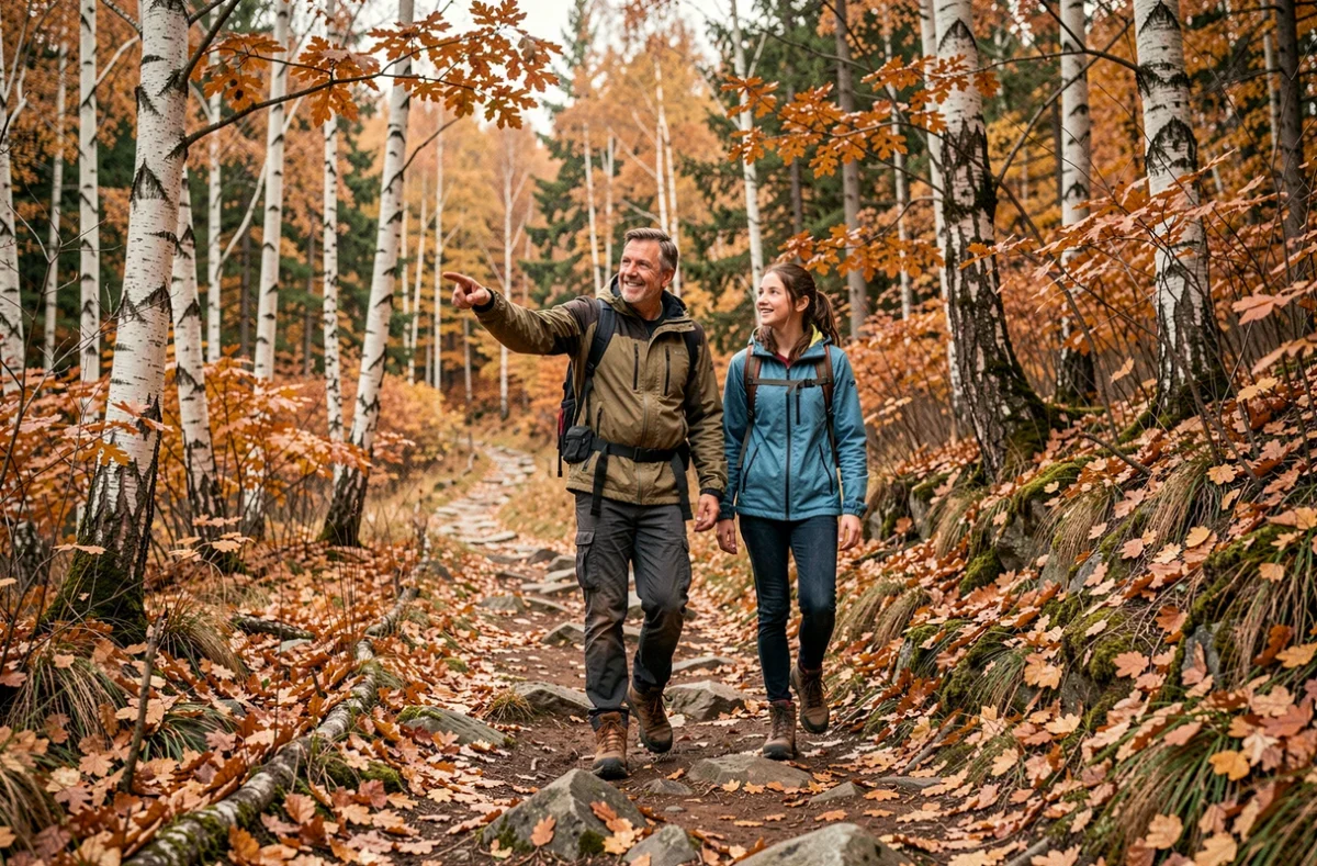 Père et fille adolescente en randonnée sur un sentier forestier en automne, activité de plein air en famille pour profiter des loisirs et du temps libre