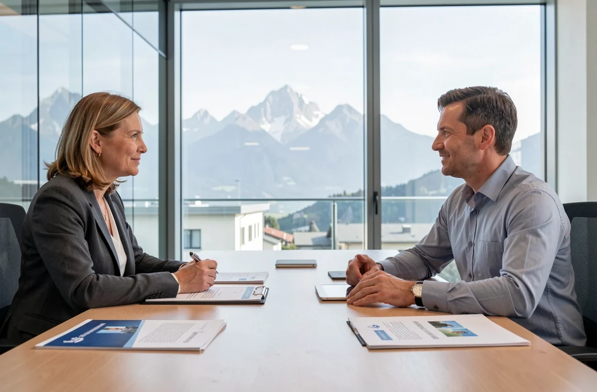 Réunion professionnelle entre un client et un consultant d'une ESN dans une salle de réunion vitrée à Grenoble avec vue sur les Belledonne