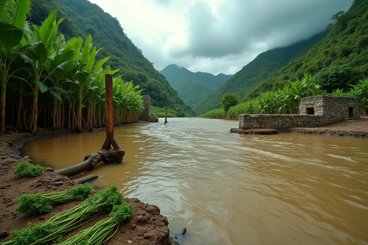 Un passage de rivière tropicale avec des tiges de canne à sucre, un poteau frontière rouillé et des branches de persil sur la berge, évoquant le massacre du Persil sous la dictature de Trujillo en République Dominicaine