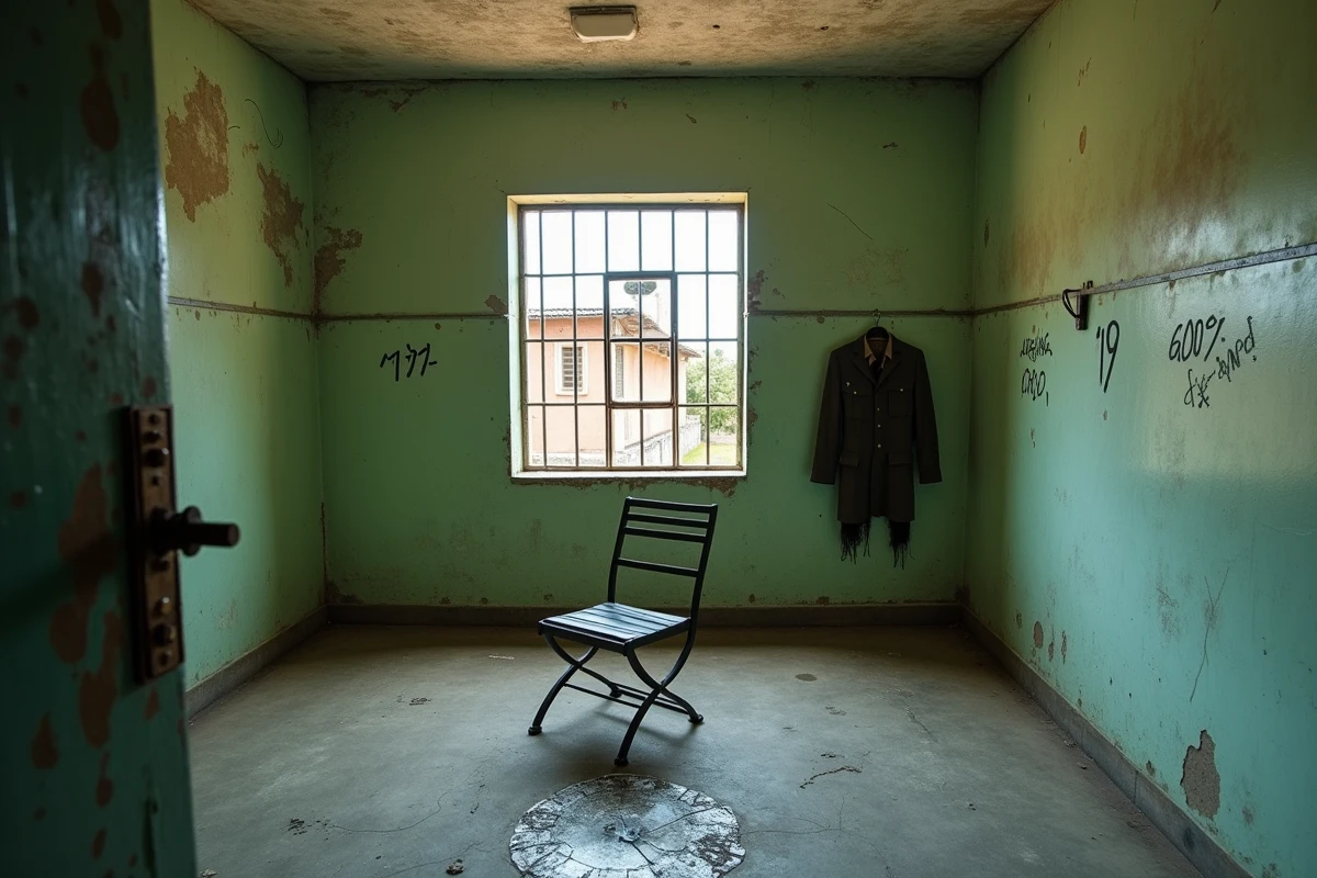 Une salle d'interrogatoire vide avec une chaise renversée, des murs en béton tachés et une fenêtre barreaudée, évoquant la terreur personnalisée d'Idi Amin Dada en Ouganda
