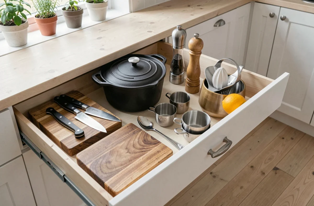 Sélection d'équipements de cuisine indispensables disposés sur un plan de travail dans une cuisine au style scandinave
