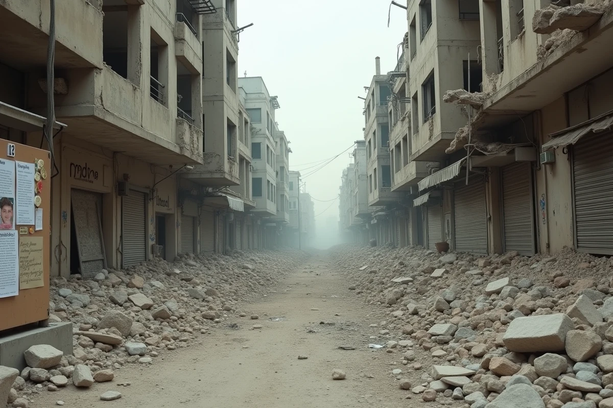 Une rue urbaine dévastée au Moyen-Orient avec des immeubles effondrés, des tags forensiques sur les murs et des placards documentaires de l'ONU, symbolisant la torture systématique documentée en Syrie sous Assad