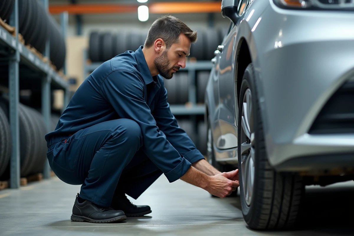Technicien automobile inspectant un pneu usé dans un atelier de montage professionnel