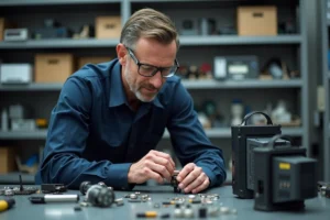 Technicien homme assemble un capteur de securite en atelier