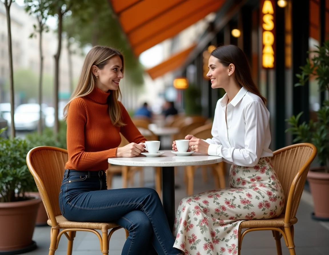 Deux femmes stylées en terrasse parisienne illustrant les tendances mode printemps 2024 : tricot côtelé et jupe satin fleurie