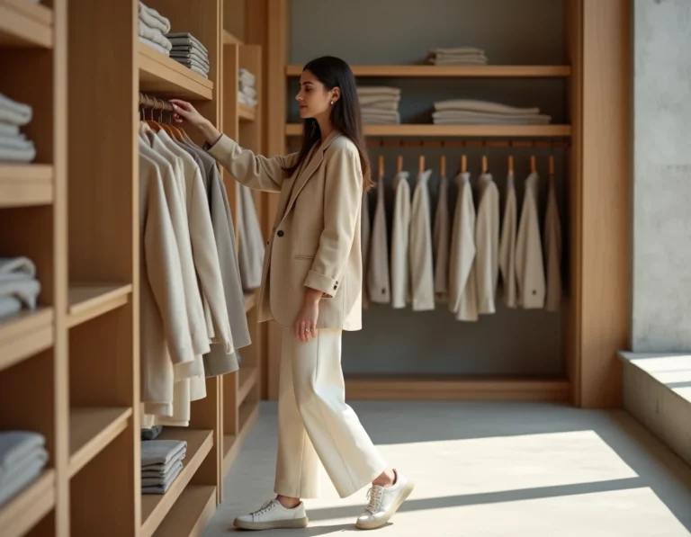Femme tendance 2024 en blazer beige oversize dans une boutique de mode parisienne minimaliste