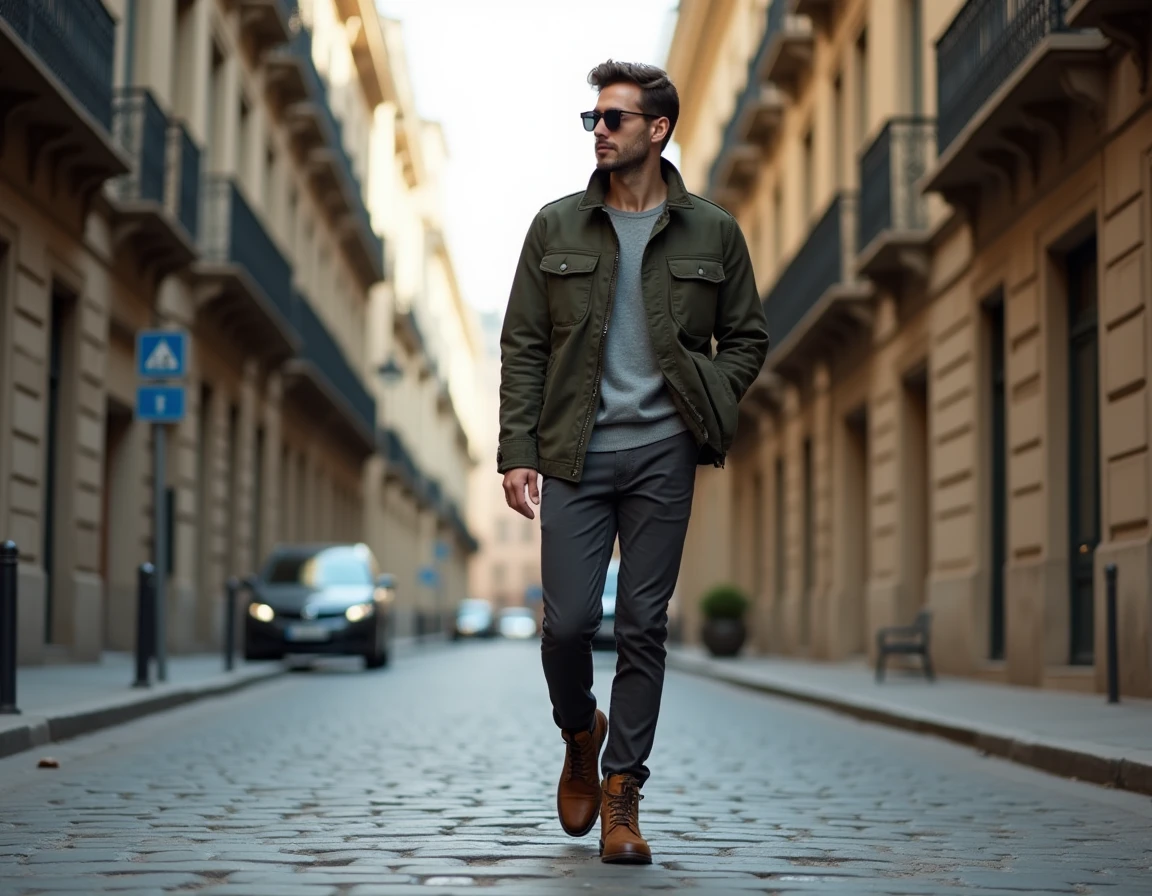 Homme en veste utility kaki marchant dans une rue pavée européenne, look mode automne-hiver 2024