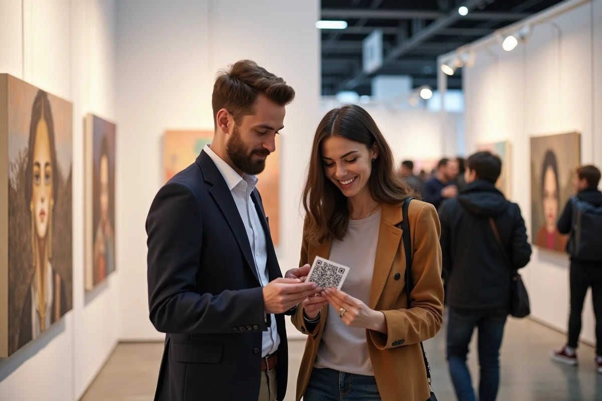 Deux visiteurs scannant un QR code pour acheter une œuvre d'art contemporain lors d'une foire artistique