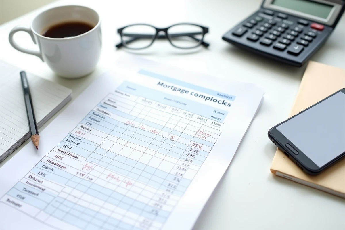 Vue aérienne d'un bureau avec calculatrice, tableaux comparatifs de banques et documents de prêt immobilier
