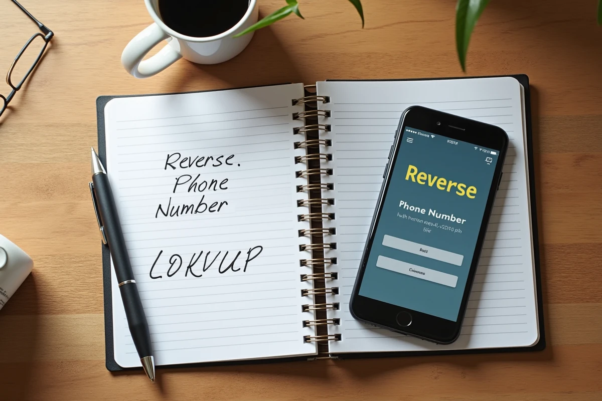 Vue de dessus d'un smartphone affichant un annuaire inversé gratuit avec un carnet et un stylo sur une table en bois